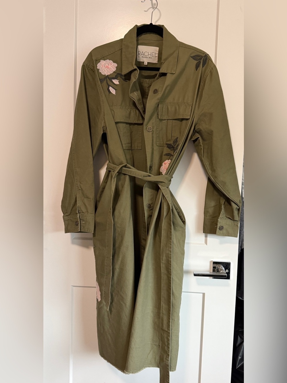 RACHEL Rachel Roy Olive Green Floral Appliqué Belted Trench Coat